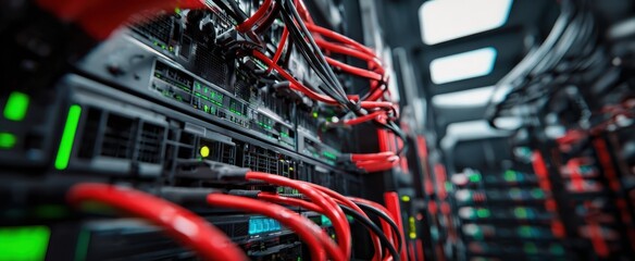 The vibrant network of interconnected servers and cables in a data center.