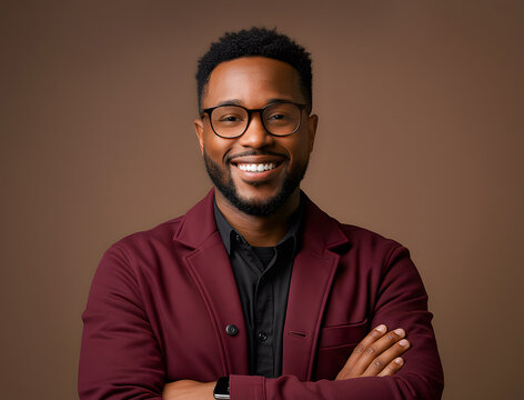 A smiling man in a red blazer stands with his arms crossed against a brown background