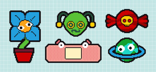 Pixels Y2k funny playful emoticon, emoji faces, icon stickers. . 8-bit retro style vector illustration for social media. Set of pixel art. Emoji pixelated icons.
