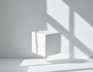 Floating cube box mockup in a minimal modern interior with sunlight and shadows