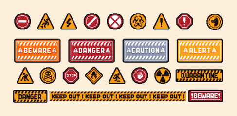 Set of the danger and attention signs, pixel icons. 8 bit pixel button set. Collection isolated vector illustrations