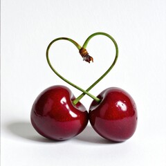 Fresh cherries form heart shape with green stems and vibrant red skin
