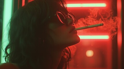 A woman with glasses is smoking a cigarette in neon light