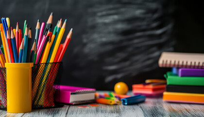 Obraz premium Colorful School Supplies Chalkboard Backdrop