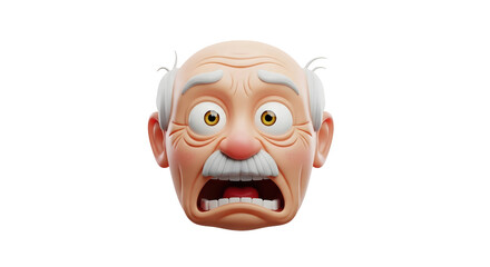 Render of an old man with a surprised expression and wide eyes, an emoji style face showing shock on transparent background.