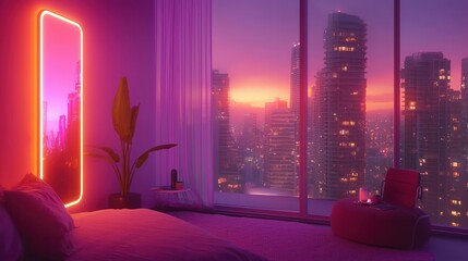 A futuristic bedroom with city view bathed in vibrant neon lights