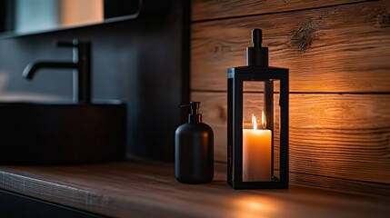 A modern bathroom arrangement with candle and soap dispenser