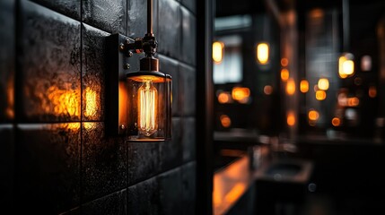 An illuminated light fixture is attached to a dark tiled wall