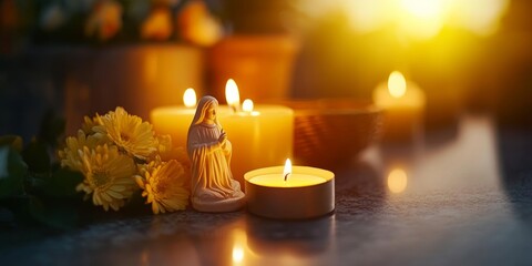 Warm candlelight illuminates a serene atmosphere with flowers and a figure, creating a peaceful meditation space