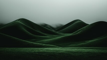 Green rolling hills covered with grass and shrouded by mist