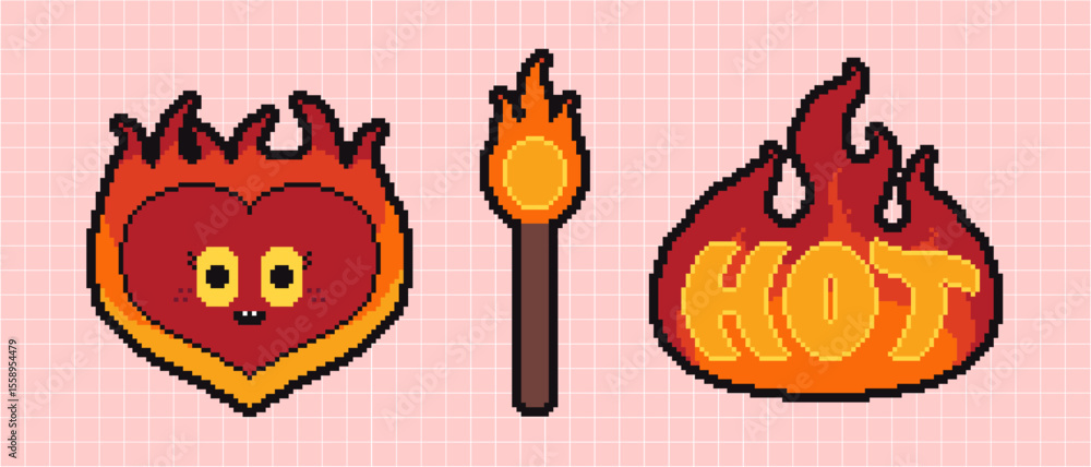 Poster set of the game fire, heart in fire and match signs n retro 8 bit style. pixels y2k funny playful em