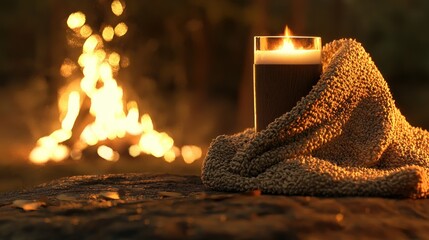 A Glass Of Drink Next To Fire With Soft Warm Blanket