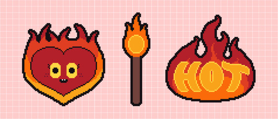 Set of the game fire, heart in fire and match signs n retro 8 bit style. Pixels Y2k funny playful emoticon, frame, arrow, icon stickers. 8-bit retro style vector illustration for social media.