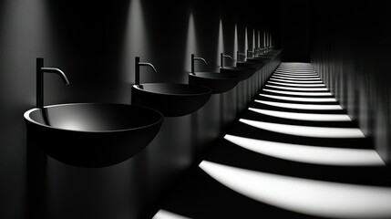 A minimalist black and white depiction of a modern washroom design