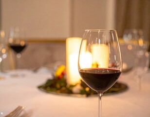 Naklejka premium Wine glass mockup against luxury dinner setup with candlelight