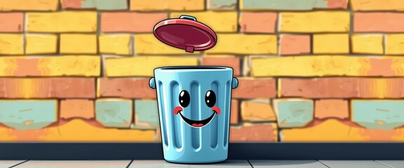 Fototapeta premium A cheerful cartoon trash can with a smiling face and lid ajar, public, home