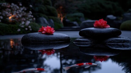 Tranquil water feature displaying flowers and stones with koi fish below