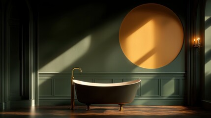 A luxurious bathroom is bathed in warm light and shadow