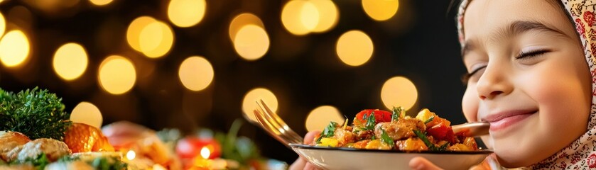 A young girl enjoys a delicious smelling plate of food