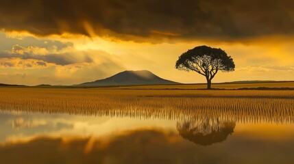 Golden landscape featuring a solitary tree and its reflective image