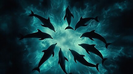 Silhouetted dolphins swimming in formation amidst swirling ocean waters