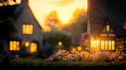 A charming cottage illuminated with warm light during sunset