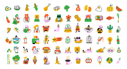 Groovy hipster 90s style avatars, logos, icons stickers illustrations set. Collection of trendy retro doodle illustrations for the patches, stickers, labels, tags, stamps.