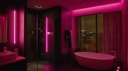 Luxury modern bathroom with pink lighting overlooking city lights