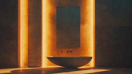 Modern bathroom showcasing a minimalist design with warm atmospheric lighting