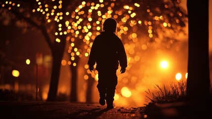 A child walking through a warm illuminated nighttime setting