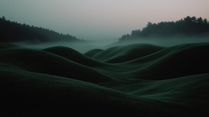 The misty green rolling hills provide a beautiful moody atmospheric landscape