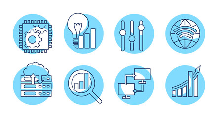 Digital marketing, company development general icons set in thin line and circle shape