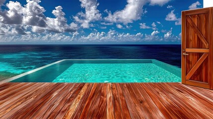 An open door reveals a beautiful pool overlooking the ocean view