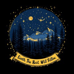 Naklejka premium Night sky over mountain forest scene. A circle design with a quote