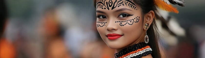 A young woman displays elaborate face paint and adornments
