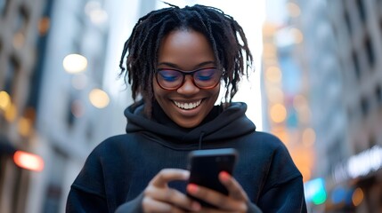 A happy young woman with glasses and dreadlocks smiles while using her smartphone on a city street outdoors.