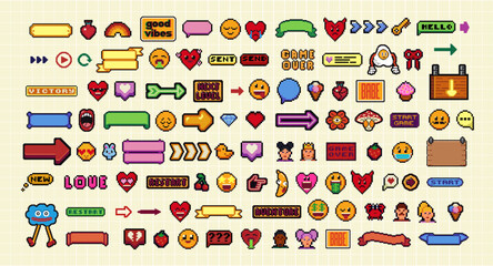Pixels Y2k funny playful emoticon, frame, arrow, icon stickers. 8-bit retro style vector illustration for social media. Set of pixel art. Emoji pixelated icons.