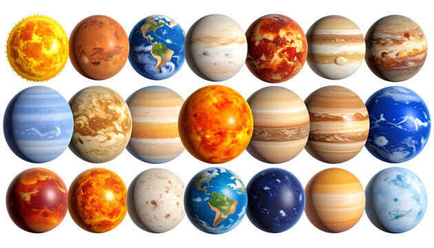  Solar System Planets with the Sun in Alignment, Isolated on Transparent Background PNG
