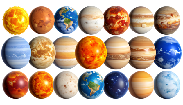  Solar System Planets with the Sun in Alignment, Isolated on Transparent Background PNG