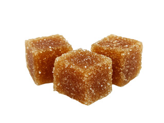 Close-Up of Irregular Cubes of Brown Sugar on White Background for Cooking, Baking, and Sweetening Beverages or Desserts with Natural Flavor