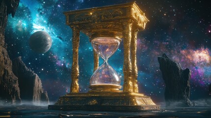 Eternal Measure: An ornate hourglass, symbolising the passage of time and cosmic grandeur. Floating amidst the swirling celestial bodies of a galaxy, with the hourglass sands.
