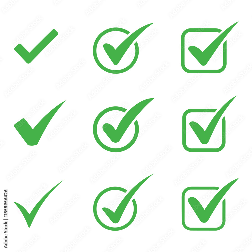 Poster green check mark icons in circles and squares isolated on white background