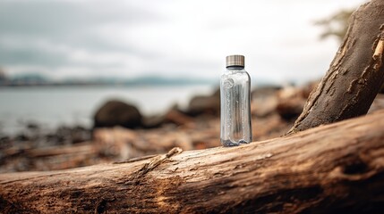 Fototapeta premium Close-up of water bottle on wooden log with blurred beach background, high-resolution, high-quality details, professional color grading.