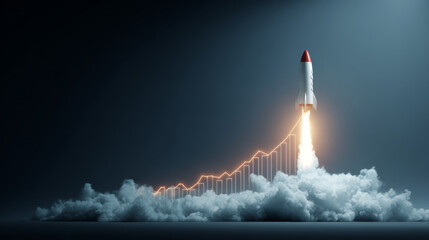 A rocket launch on a business growth chart signifies startup success, rapid investment returns, and innovation-driven improvement