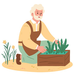 Elderly man gardening happily. Happy senior planting flowers in backyard. Retired man enjoying gardening hobby. Active older man working in flower garden. Elderly set