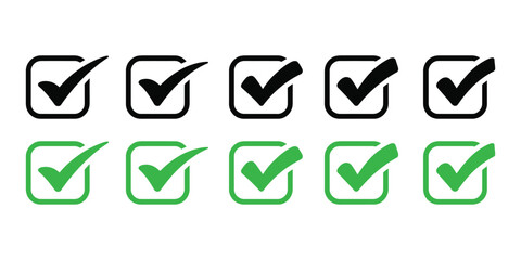 A set of checkmark icons in black and green isolated on white background
