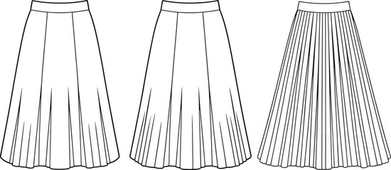 Elegant Skirt Flat Sketch Templates: Diverse Pleated Styles for Fashion Design, Technical Drawing, Apparel CAD, and Clothing Illustration, Front View Vector Set