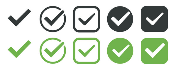 Collection of green and black check mark symbols isolated on white background