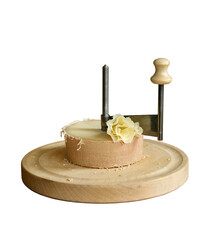 Scraping Device of Swiss Cheese Tete de moine, isolated over white background