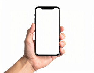 Hand holding a smartphone mock up isolated on white background